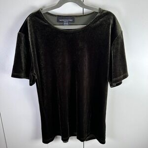 VTG Impressions Lifestyle Velvet Shirt Womens M Short Sleeve Olive Green 90s Y2K